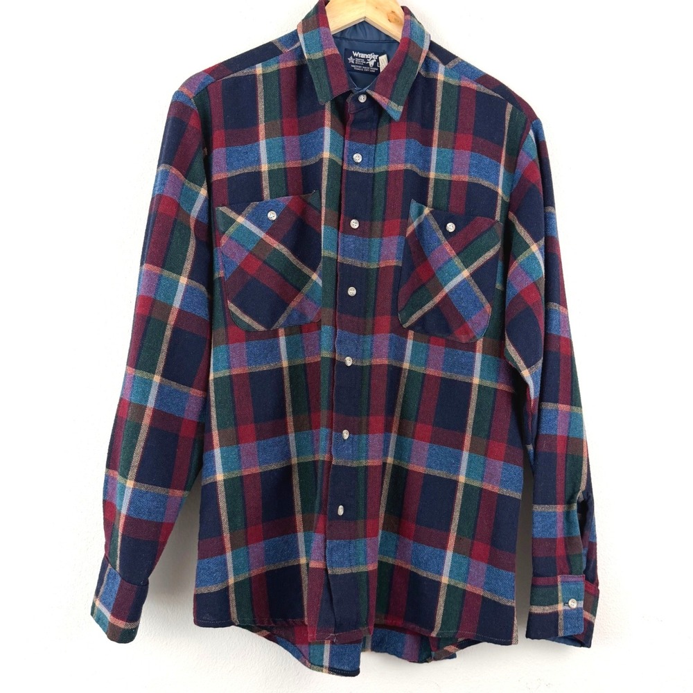 Vintage Wrangler Mens L Plaid Wool Blend Flannel Shirt Made in USA